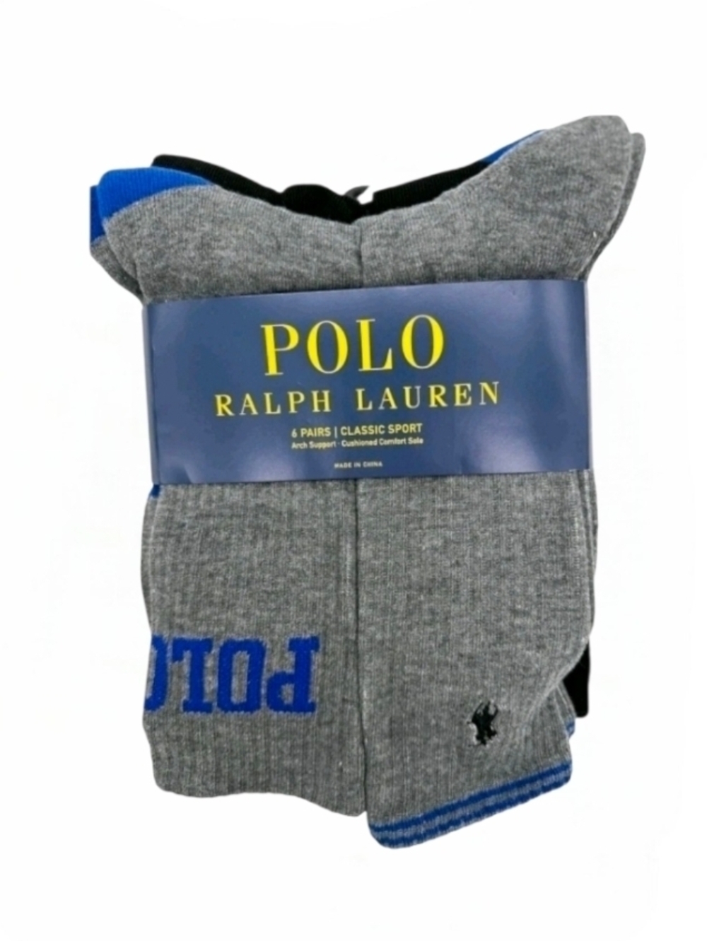 POLO RALPH LAUREN CLASSIC MEN SPORT CREW SIZE 10-13 BLACK / WHITE /GREY 6 pairs